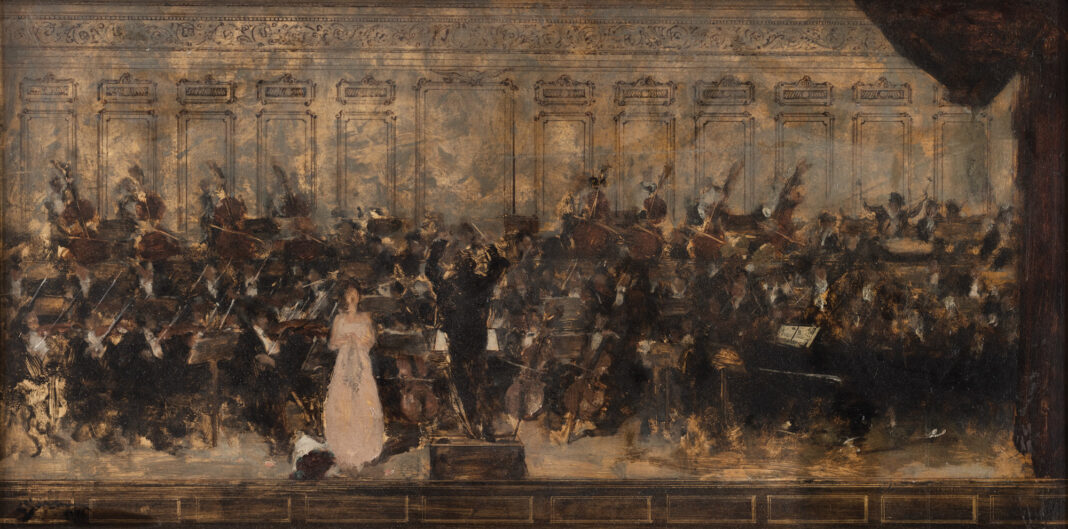 Eustațiu Stoenescu, Concert la Ateneu (dirijat de George Enescu), ulei pe lemn, 49,5 x 95,5 cm, 1946, colecție privată